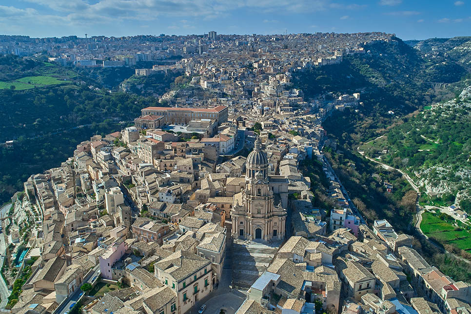 Aerial view of Ragusa Superiore and Ragusa Ibla 