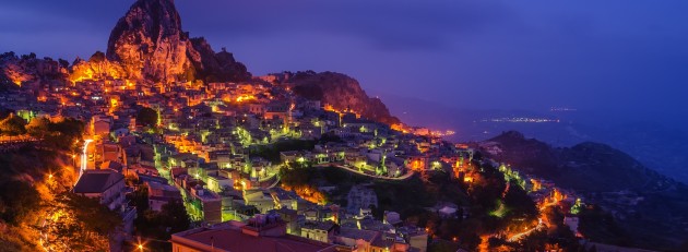 Panoramic view of Mountain town Caltabellotta, Sicily, Italy in the sunset
